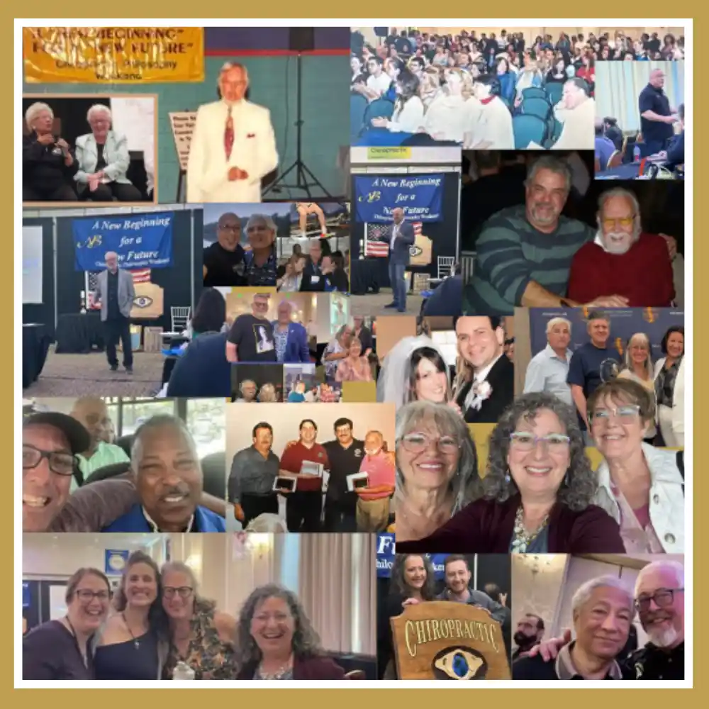 A collage of various people at chiropractic events, including speakers, award ceremonies, and group photos, showcasing moments of celebration, learning, and camaraderie.