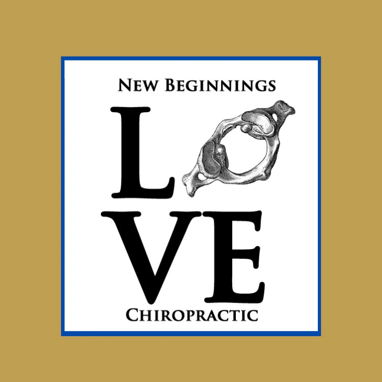A logo featuring the words "New Beginnings Chiropractic" with the word "LOVE" creatively styled, where the letter "O" is replaced by a spinal vertebrae illustration.
